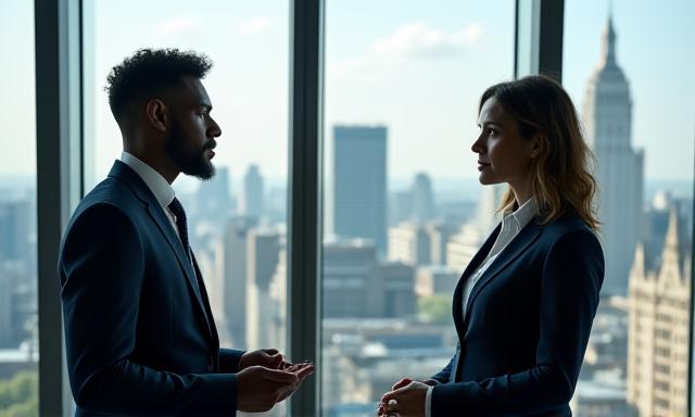 Two professionals discussing a document in a high-rise office
