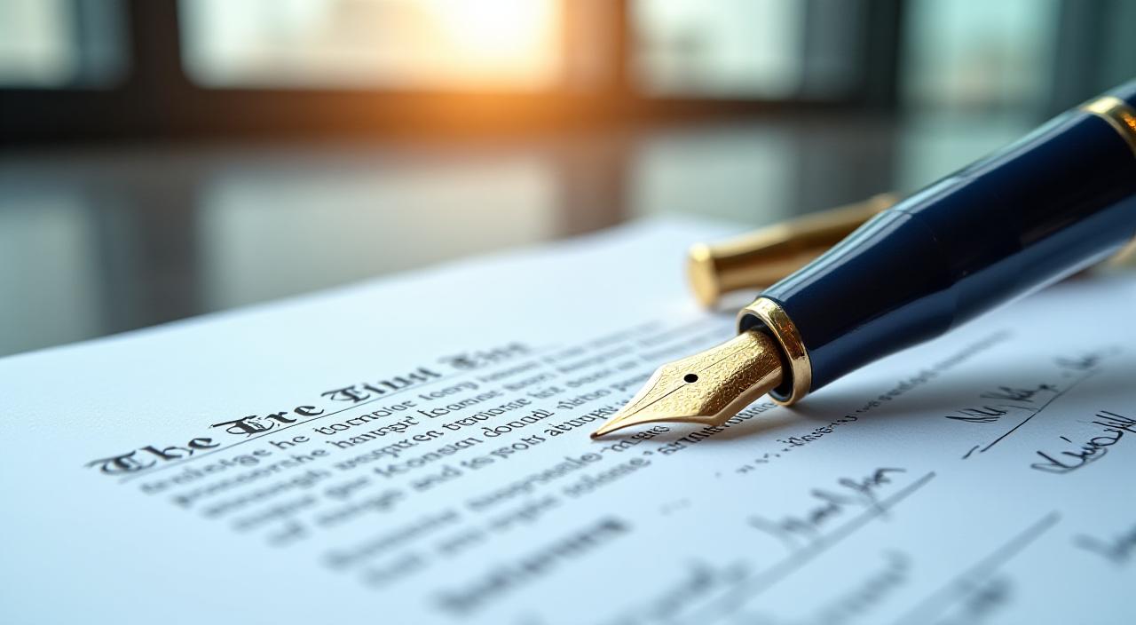 Close up of a luxury fountain pen on a legal contract with warm office lighting