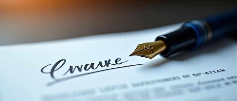 Close-up of a signed legal contract and a fountain pen